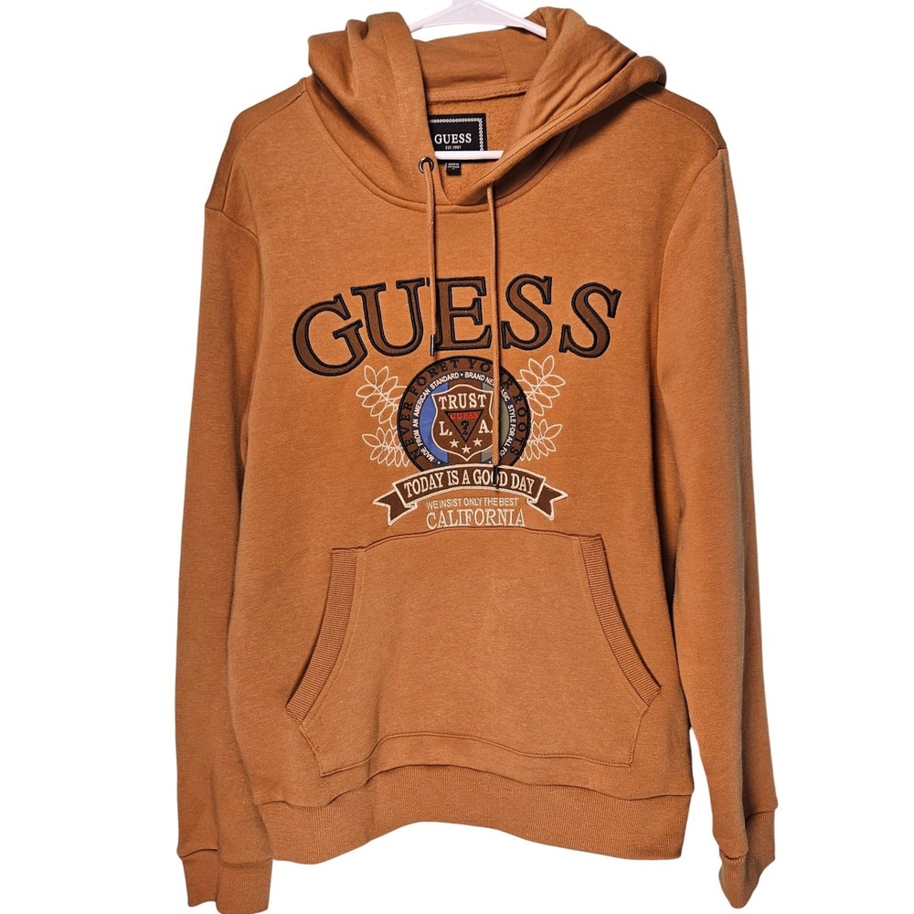 Guess Mens California Embroidered Graphic Hoodie Camel Brown‎ Small Streetwear